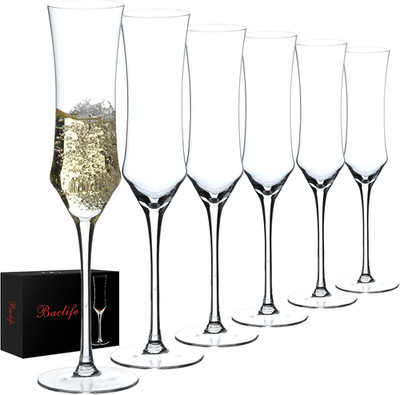 Champagne Flutes Set of 6, Hand Blown Crystal Clear Champagne Glasses, 7oz | Ele