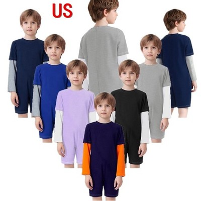 US Kid Adaptive Special Needs Jumpsuit Color Block Long Sleeve Anti-strip Romper