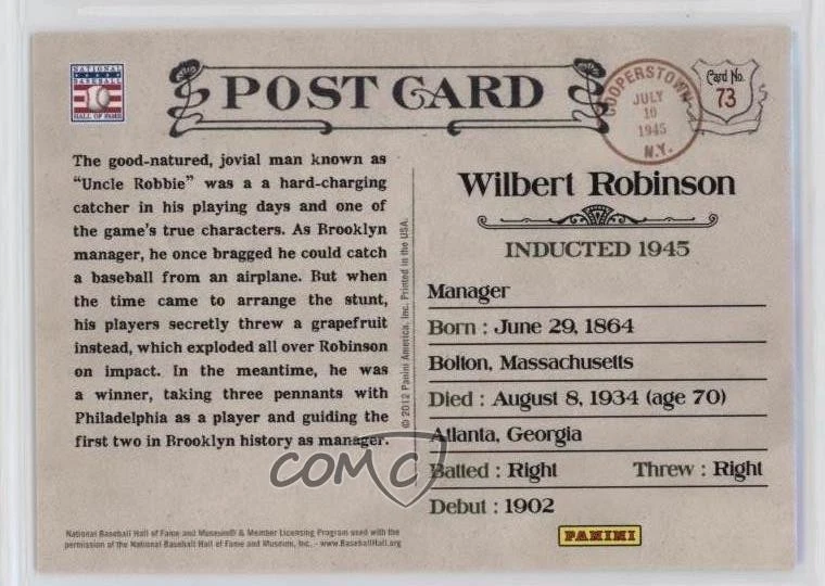 2012 Panini Cooperstown Bronze History /599 Wilbert Robinson #73 HOF - Image 2 of 2