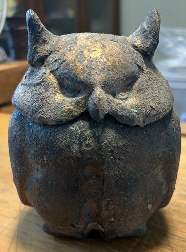 VINTAGE CAST IRON OWL APOTHECARY JAR OR BRUTALIST JAPAN INCENSE BURNER