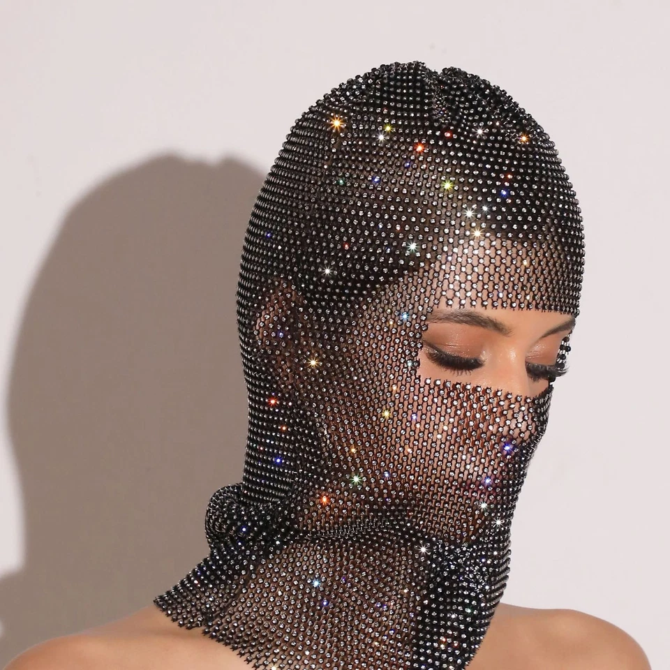 Women Crystal Bedazzled Full Face Balaclava Mesh Mask Veil See Through Headwear - Image 4 of 4