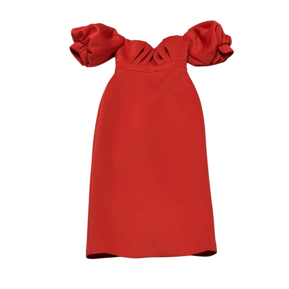 Vestido Badgley Mischka Para Mujer 8 Rojo Ajustado Acanalado Corpiño Mangas Abullonadas Vestido Gala Foto 4 de 4