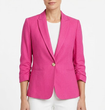Jules Leopold Hot Pink Linen Blend Ruched 3/4 Sleeve One Button Blazer XS