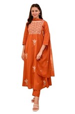 Women Embroidery Solid Straight Kurta and Pant Set with Dupatta