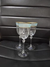 Lot Of 3 Italian Wine Glasses 8.5" Blue With Gold Trim Cristal Stelle