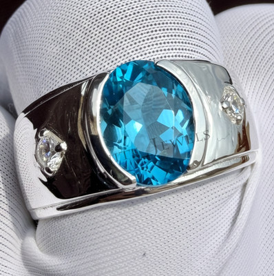 Natural Blue Topaz Gemstone with 925 Sterling Silver Ring For Men's.