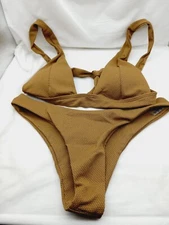 ZAFUL Womens Bikini Set V Neck High Waisted Crinkle Longline Plunge Brown Size 8