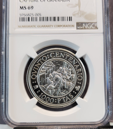1989 SPAIN SILVER 1000 PESETAS CAPTURE OF GRANADA NGC MS 69 RARE TOP POP 1 - Picture 3 of 3