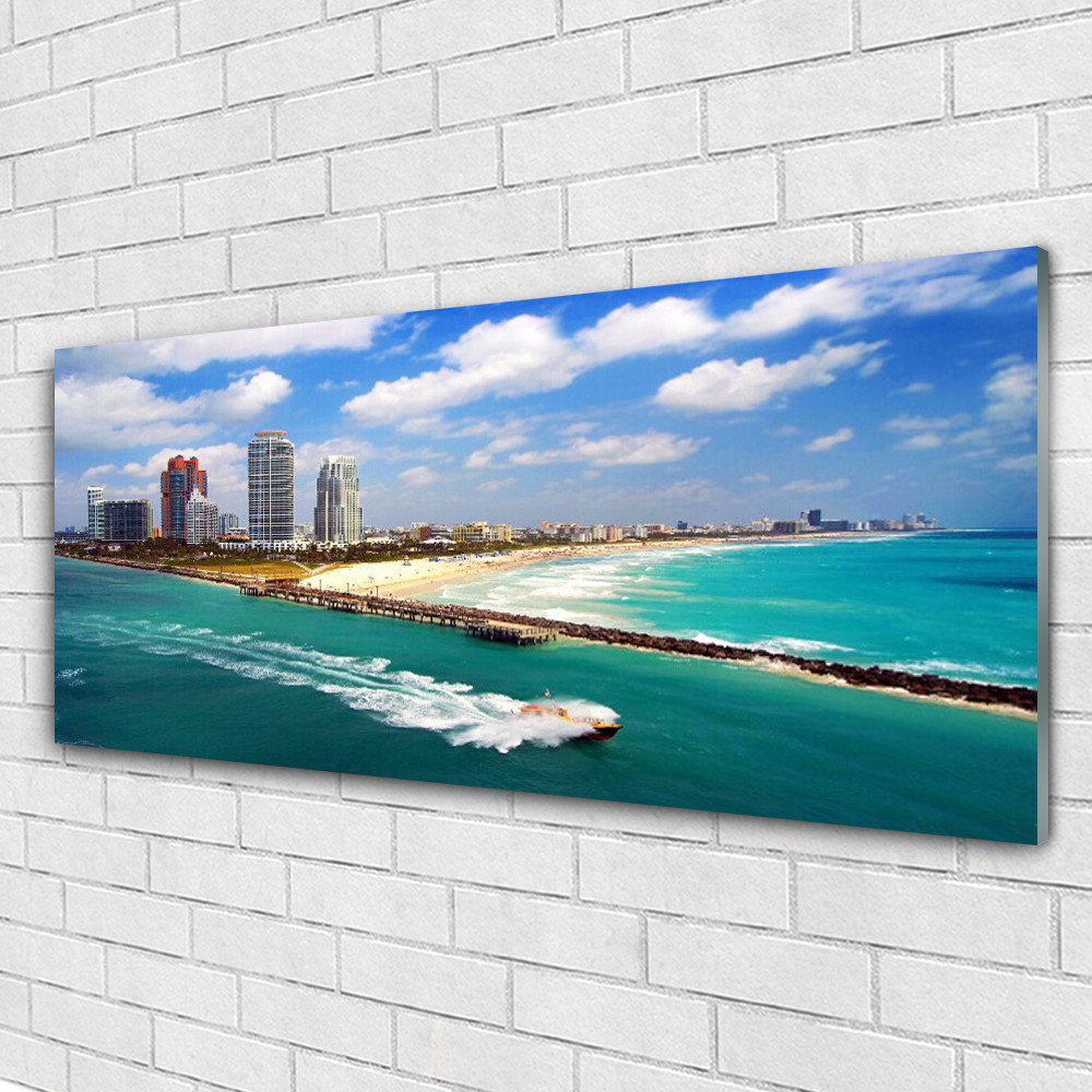 Tableau en verre acrylique 125x50 cm panoramique sur le thème paysage de mer et plage