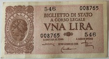 1 LIRA BIGLIETTO DI STATO BANCONOTA "ITALIA LAUREATA" 1944