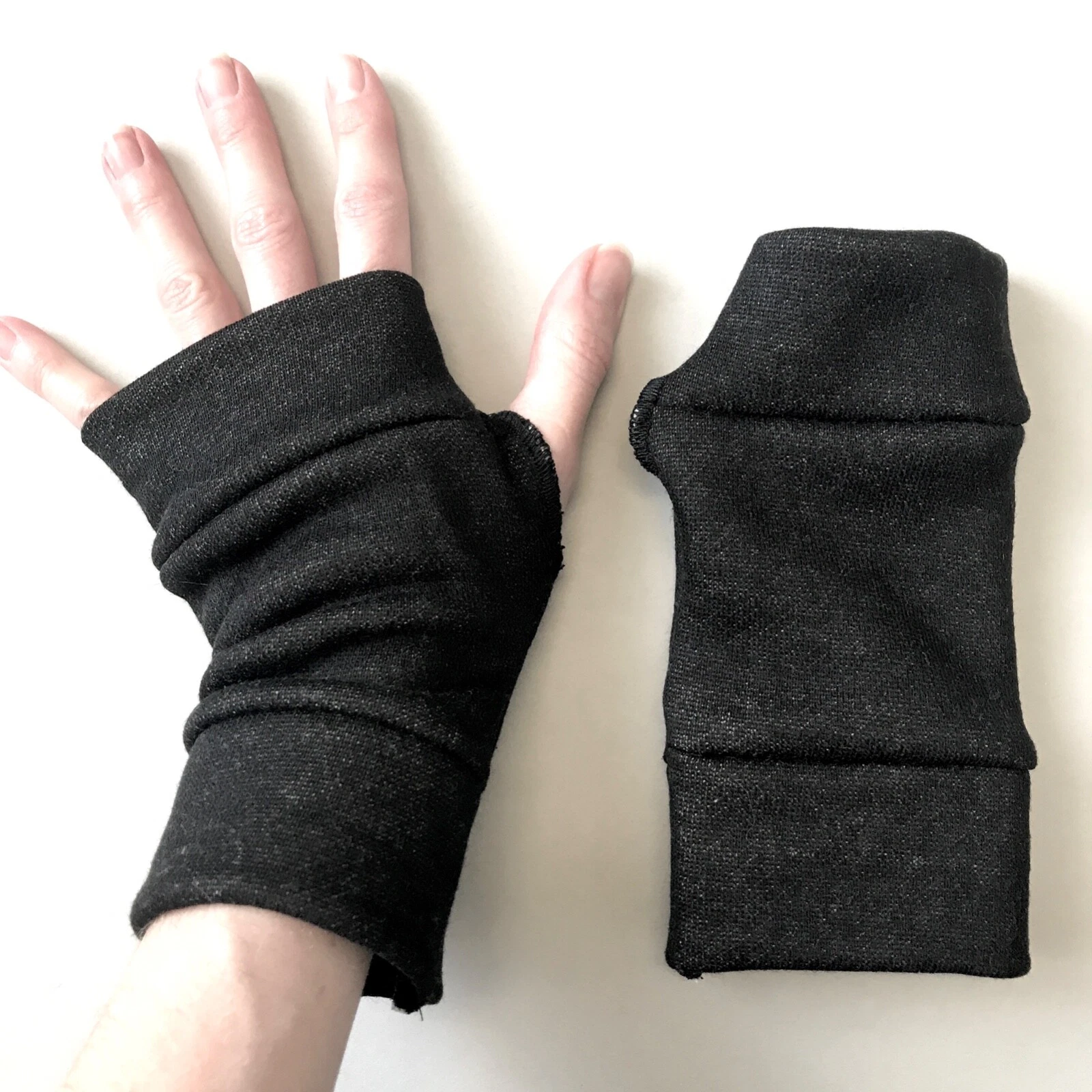 Black Fleece Gloves Winter Hand Warmers Wrist Length Fingerless Mens Womens Soft