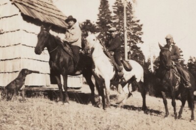 1930s Men Horseback Dog Log Cabin Forest Outdoor Western Style Pose