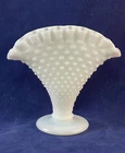 Vintage Hobnail White Milk Glass 4” Footed Fan Vase  Ruffled Crimped Edge Top