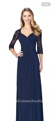 La Femme Ruched Navy Blue Lace Gown 3/4 Sleeve SZ 14