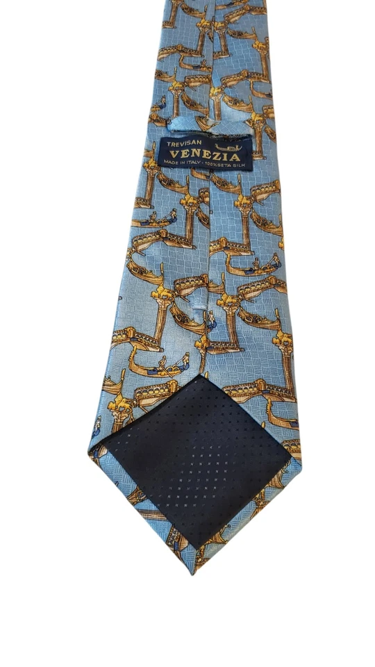 Corbata Trevisan Venezia Hombre Diseñador Lujo Azul Venecia Puentes Góndolas Foto 3 de 4