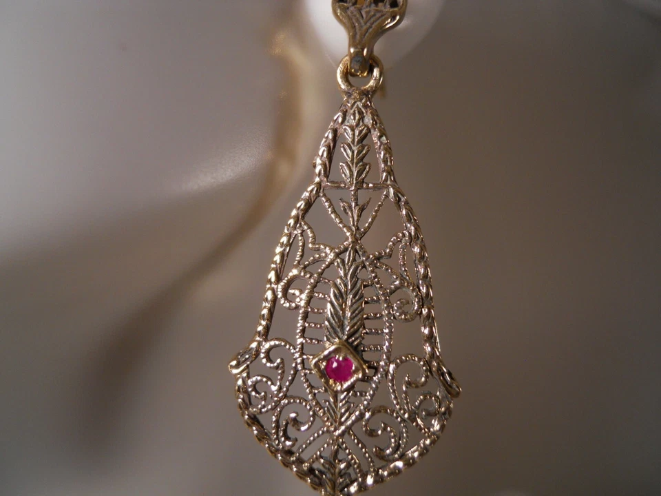 PENDIENTES FLOR FILIGRANA VICTORIANA ART DECO ARAÑA RUBÍ ORO AMARILLO 9K 35 MM  Foto 3 de 4