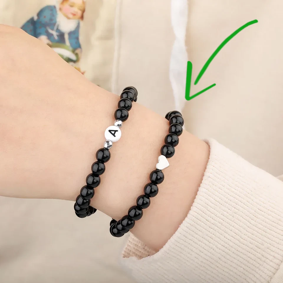 Bracciale CUORE Argento / Oro con Perle Nero 6mm da Donna braccialetto elastico - Immagine 3 di 4