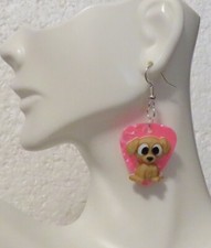 Beige Haired Puppy Hook Earrings 1 1/8" Lightweight Pink Dangle