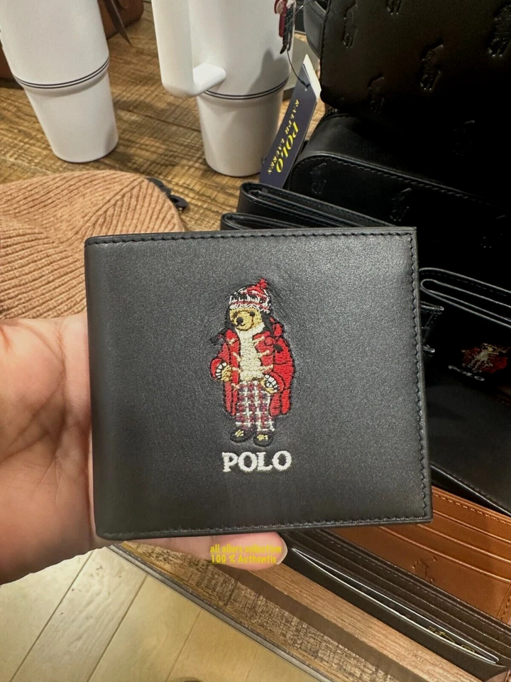 BN Ralph Lauren Polo Oso Bi Plegable Cuero Cartera NUEVO CON ETIQUETAS 100% Auténtico Negro/Rojo Foto 2 de 4