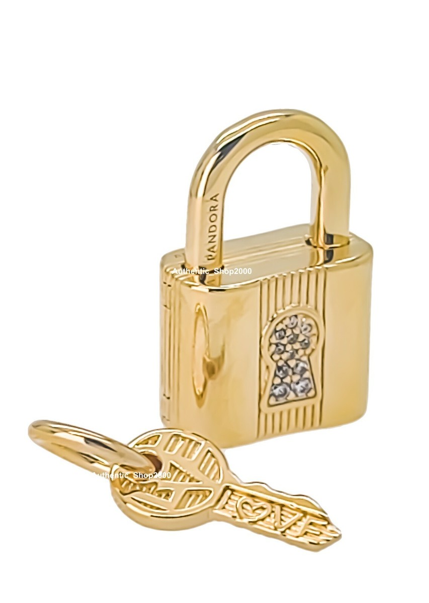 100% Authentic PANDORA 14k Gold Padlock & Key Dangle Charm Pendant