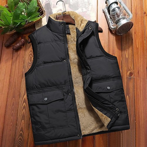 Mens Fleece Fur Lined Waistcoat Multi Pocket Utility Vest Jacket Sleeveless Tops - Picture 3 of 13