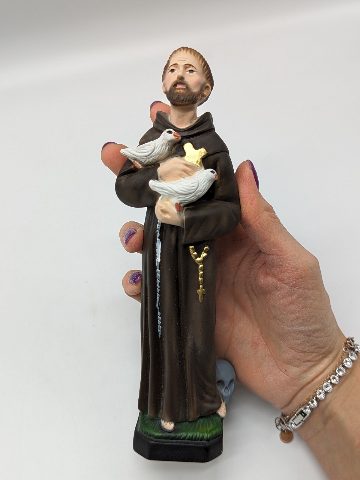 Statua San Francesco D'Assisi Con Uccellino - Dipinta A Mano, 30cm Per Decorazione O Devozione - Foto 6