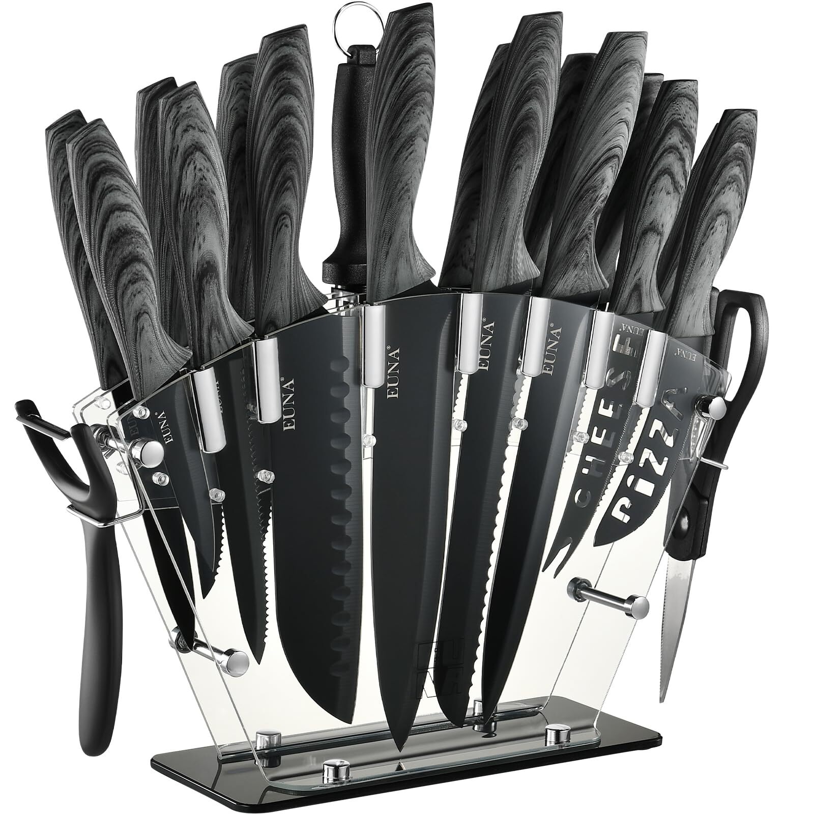 Knife Block Set, 19 PCS Kitchen Knife Set with Acrylic Block and Sharpener, G...-image