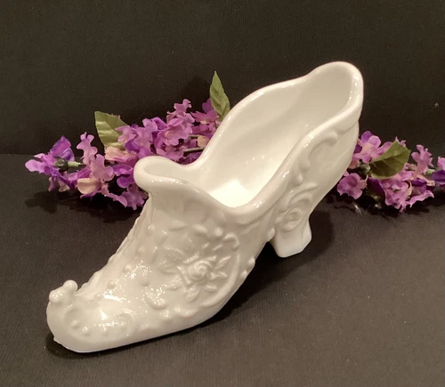 Mosser Victorian Rose Milk Glass Shoe Slipper Vintage