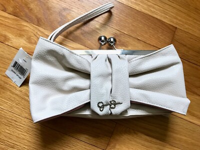 Jessica Simpson JENNY Bow Clutch NWT   Beige/Pink Faux Leather Kiss Lock