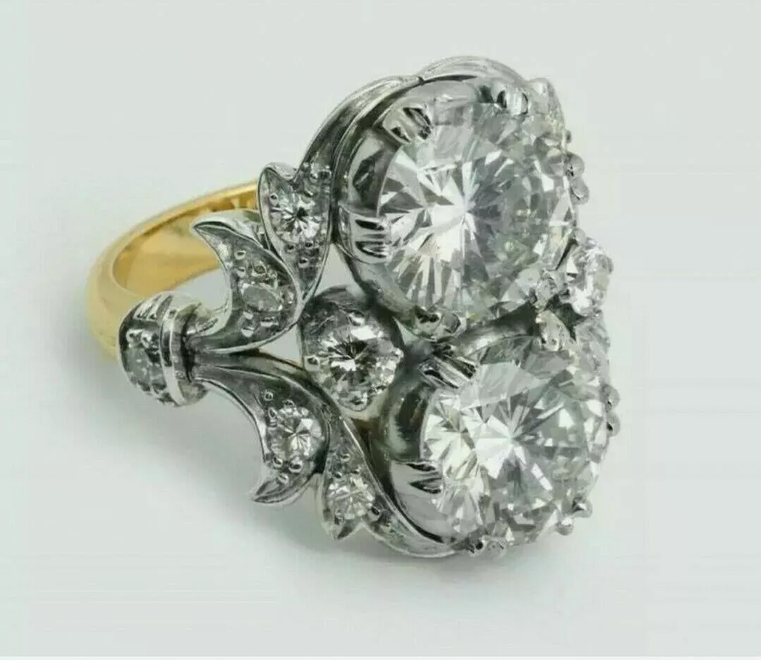 Vintage Art Deco Style Two Stone Engagement Ring 14K Yellow Gold Over 3.25 TCW