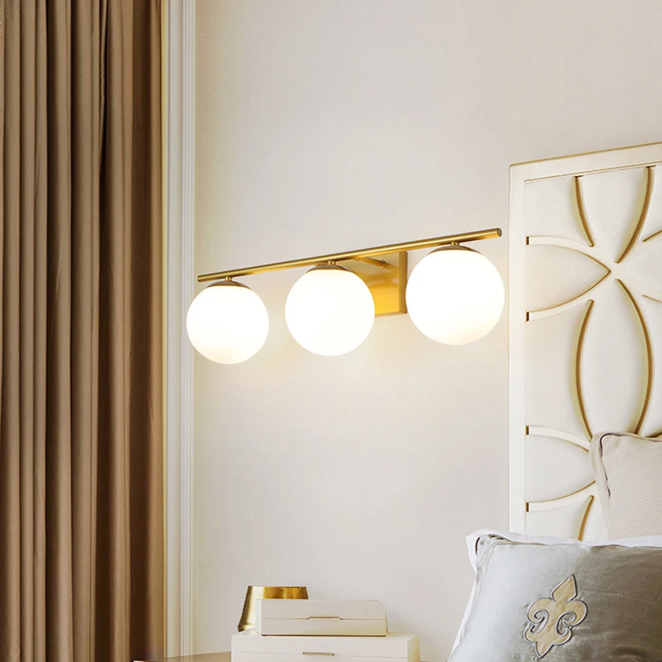 Modern 3-Light Bathroom Vanity Wall Light Fixture in Gold & Milk White Glass - Image 3 of 4