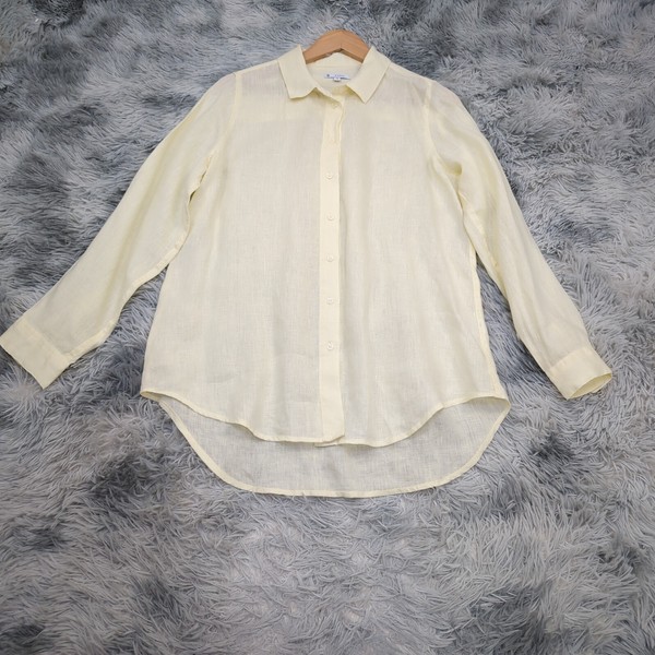 Target Woman Linen Button Up Shirt [12] Pastel Yellow Relaxed High Low Hem 2022