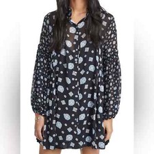 Free People Turn Turn Balloon Sleeve Black Paisley Print Mini Dress Size XS
