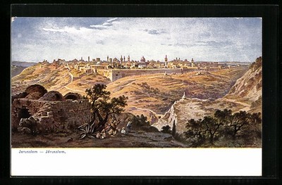 Künstler-AK Jerusalem, Ortsansicht mit Kamel-Lager vor der Mauer 