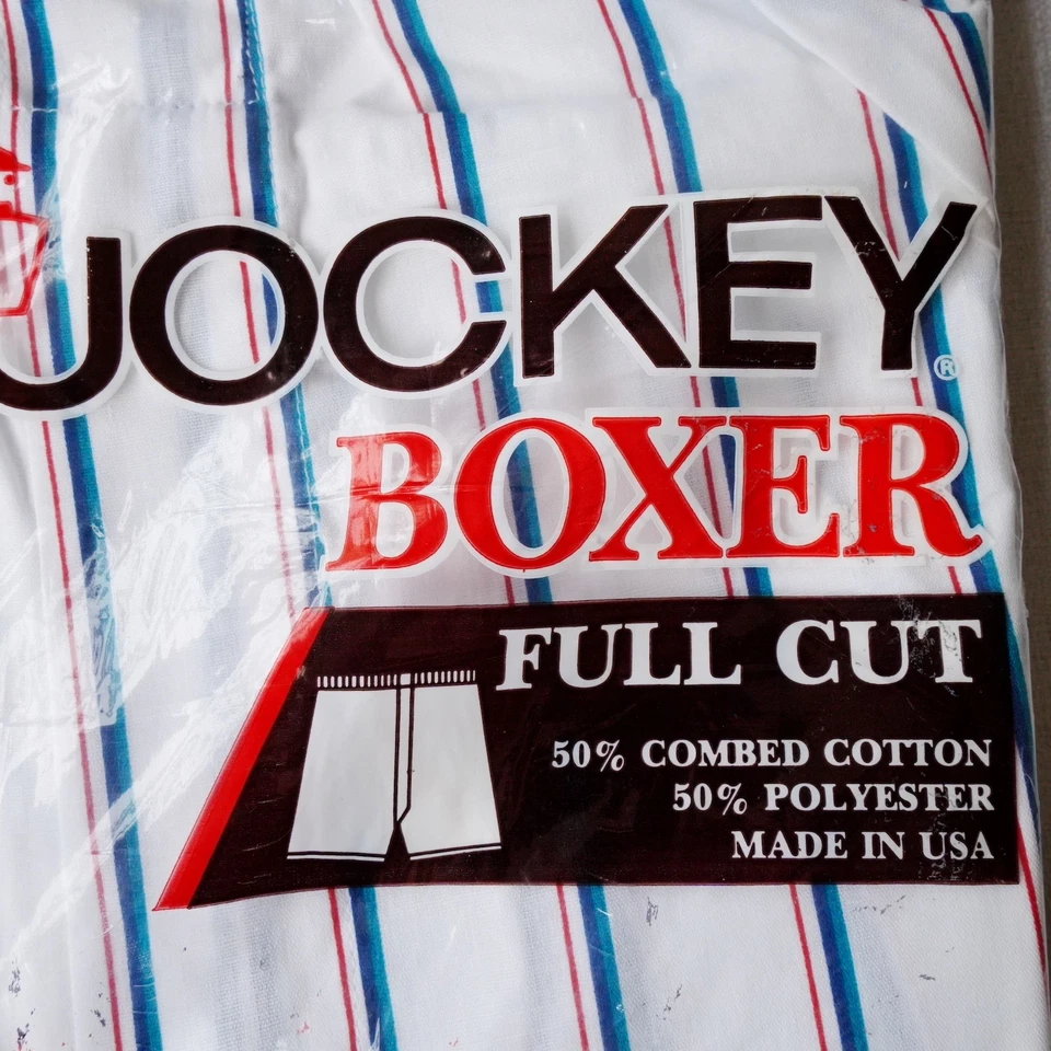 Vintage Jockey Boxer Shorts Mens 42 White Blue Red Stripe Full Cut Made USA 80s - Image 3 of 4