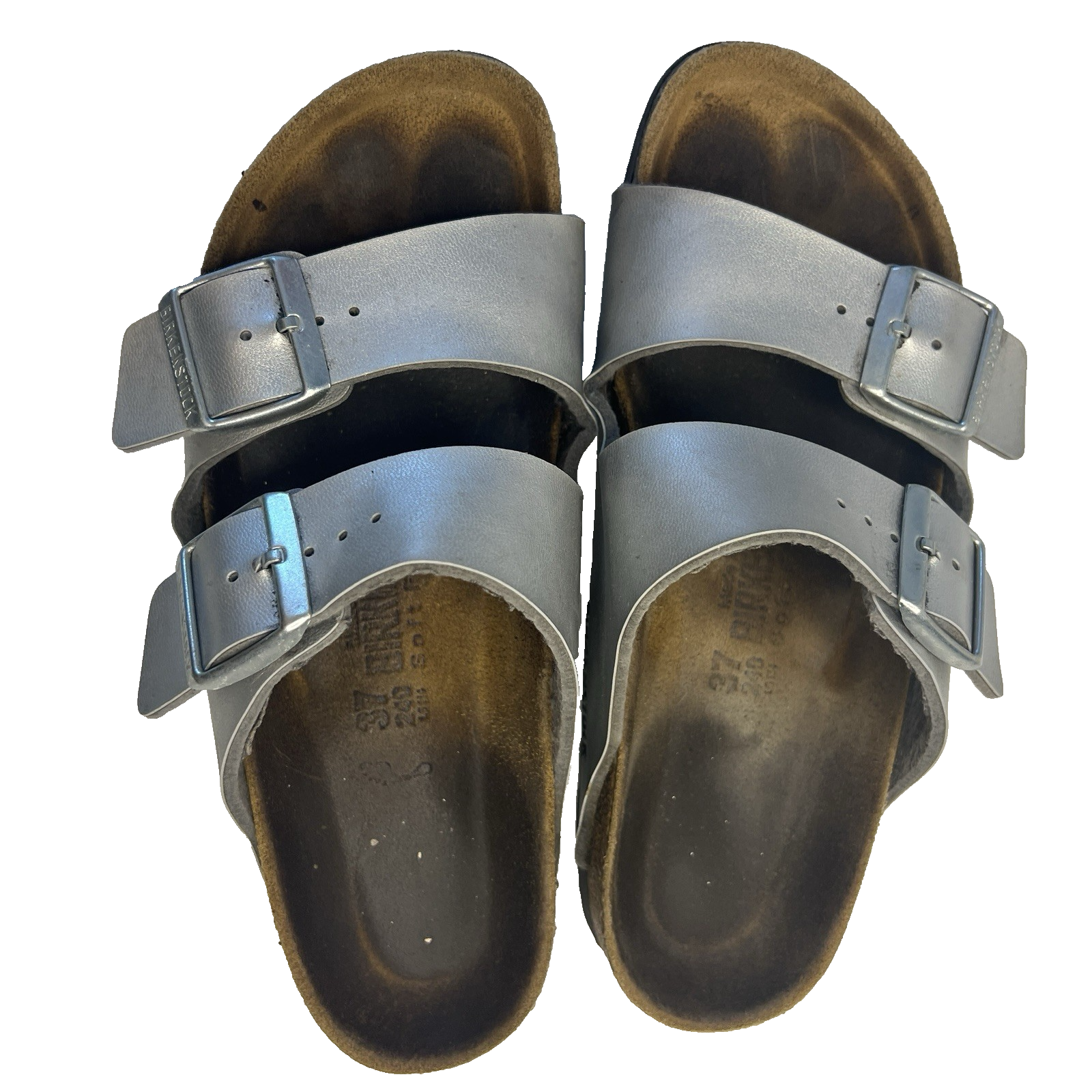 Birkenstock Arizona Shoes Women 37 Silver Double Strap Sandals Comfort Cork