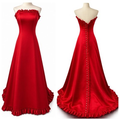 Sz 2 90s Alfred Angelo Red Ruffled Hem Train Strapless Button Down Back Gown Y2K