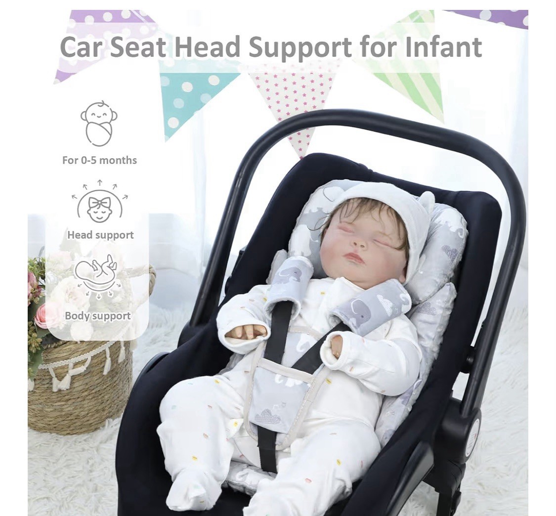 Infant Car Seat Insert, Baby Seat Head and Body Support Newborn, Gray, Elephants