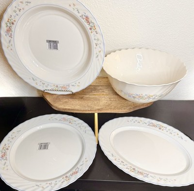Arcopal Victoria Serving Set 4 Pc Pasta Bowl Platters Floral Milk Glass