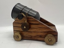 Vintage Mini Cannon Desk Display Wood Brass Metal Decor On Wood Carriage