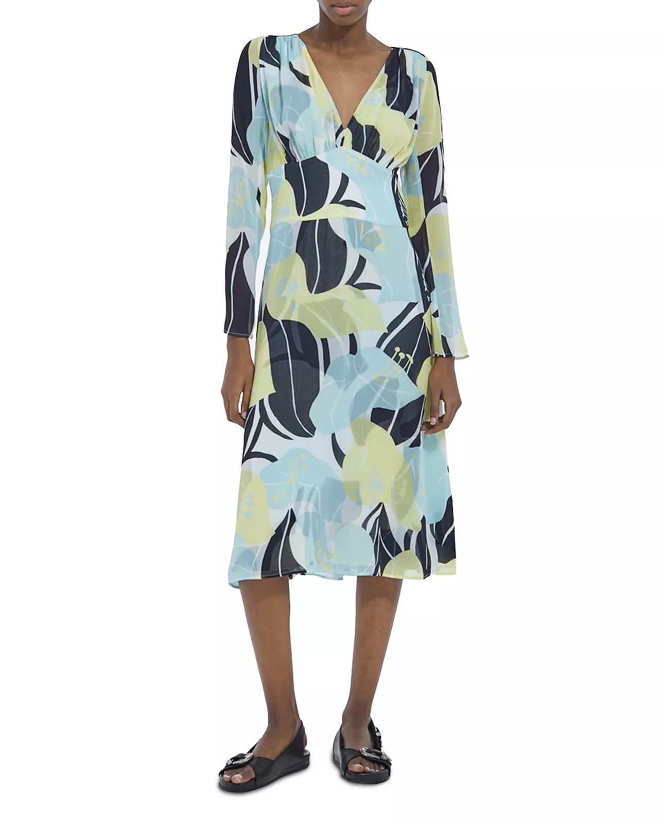 The Kooples Hibiscus Silk Midi Dress Size 1 (US S) Green Floral NWT