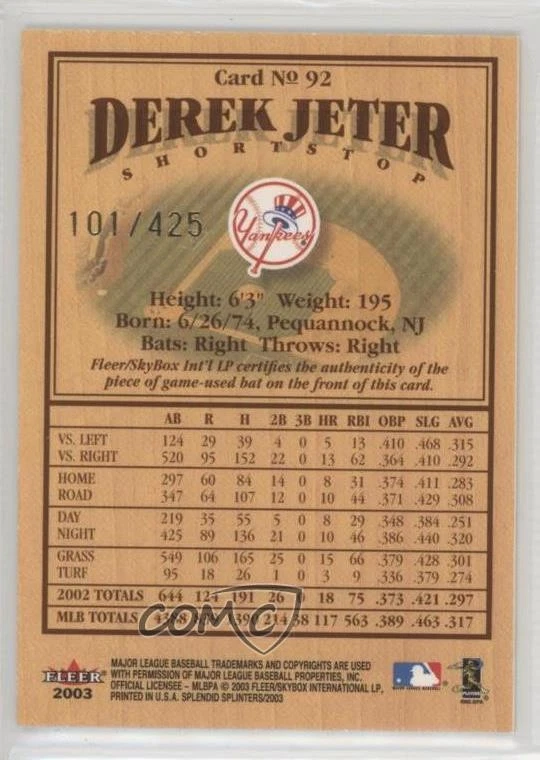 2003 Fleer Splendid Splinters Bat Chips /425 Derek Jeter #92 HOF - Image 2 of 2