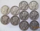 1917 to 1945 P, D & S Silver Mercury Dime set, 10 Different Circulated Dimes