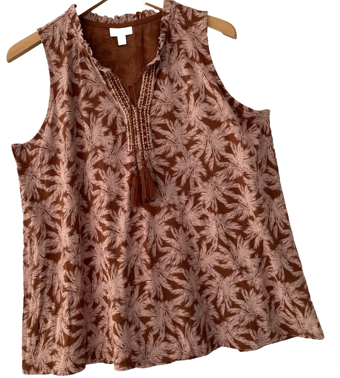 J. Jill size L  pink & brown tropical print tank top tassel tie BOHO WHiMsEY