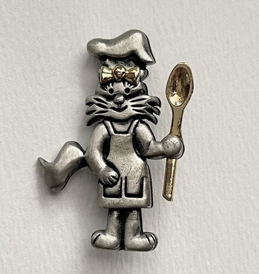 Signed Alexandra Pewter Chef Cat Brooch with Gold Tone Spoon Cook Cooking Foodie