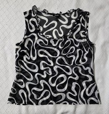 Vintage Escada Black White Swirls 100 Silk Sleeveless Top Ruffles Size 38