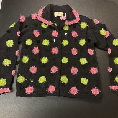 Design Options Philip Jane Gordon Sz Med Black Cardigan Sweater / Pink & Green