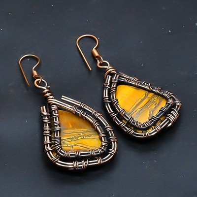 Tiger Eye Handmade 925 Sterling Silver Jewelry Earring 2.27'' t147
