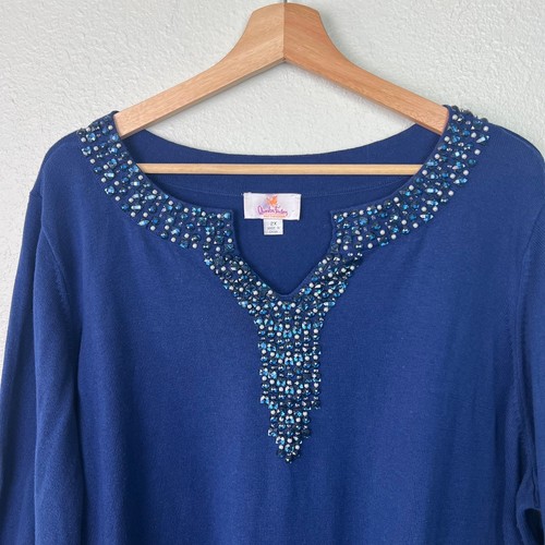 Quacker Factory 2X Beaded Notched Neckline Blue Long Sleeve Knit Sweater Top - Picture 2 of 8