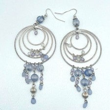 Vintage 90s Silver Tone Beaded Hoop Dangle Earrings Women's Classic Jewelry Y2K